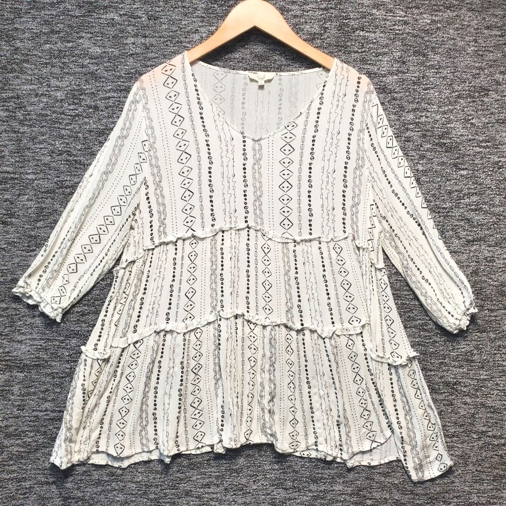 Easel Los Angeles Tunic Womens Large White Black Boho Gypsy Tiered Festival Top
